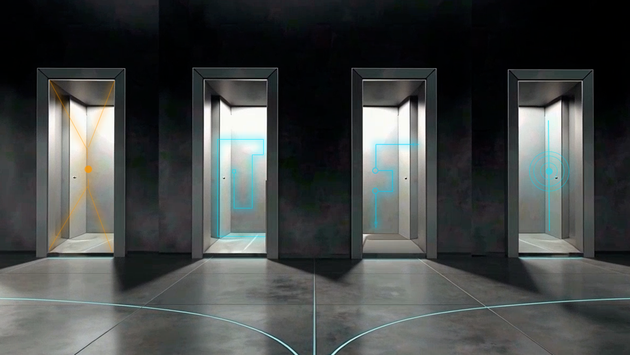 Four illuminated doorways — select one to continue